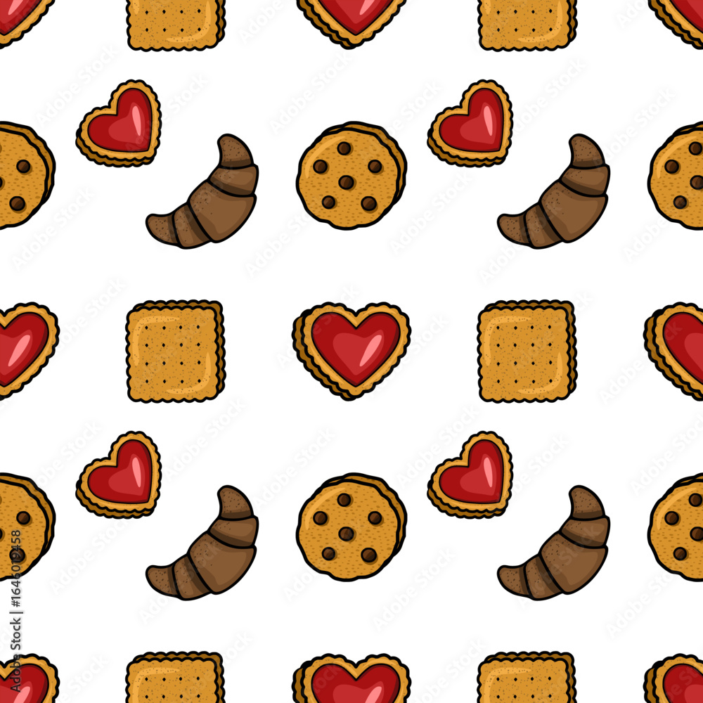Poster seamless vector pattern featuring a delightful arrangement of croissants, chocolate chip cookies, an