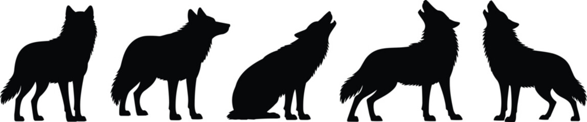 Wolf silhouette vector, wild animal howling, black isolated design, canine wildlife illustration, predator graphic art, forest creature, nature concept, standing and sitting poses