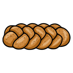A vector illustration of a braided challah bread, showcasing its golden-brown crust, intricate weaving pattern, and subtle speckles, perfect for bakery-themed designs.