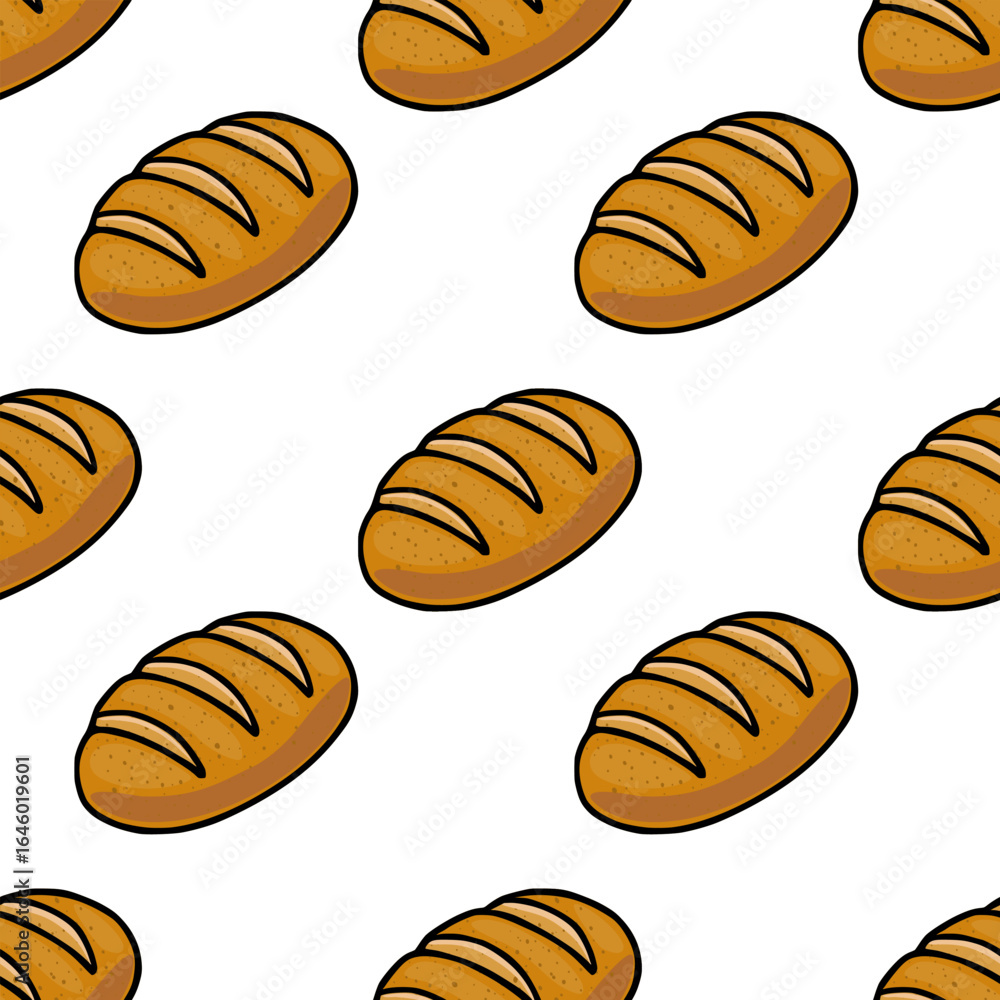 Poster seamless vector pattern of hand-drawn brown loaves of bread with three visible slices, arranged in a