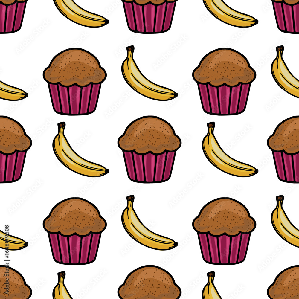 Poster seamless vector pattern featuring hand-drawn illustrations of chocolate muffins and ripe bananas, cr