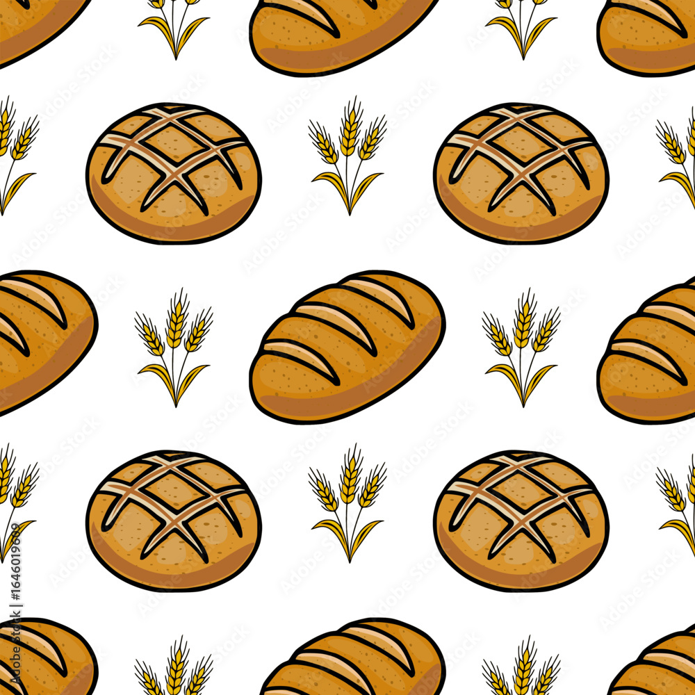 Poster seamless vector pattern featuring hand-drawn illustrations of round and oblong loaves of bread inter