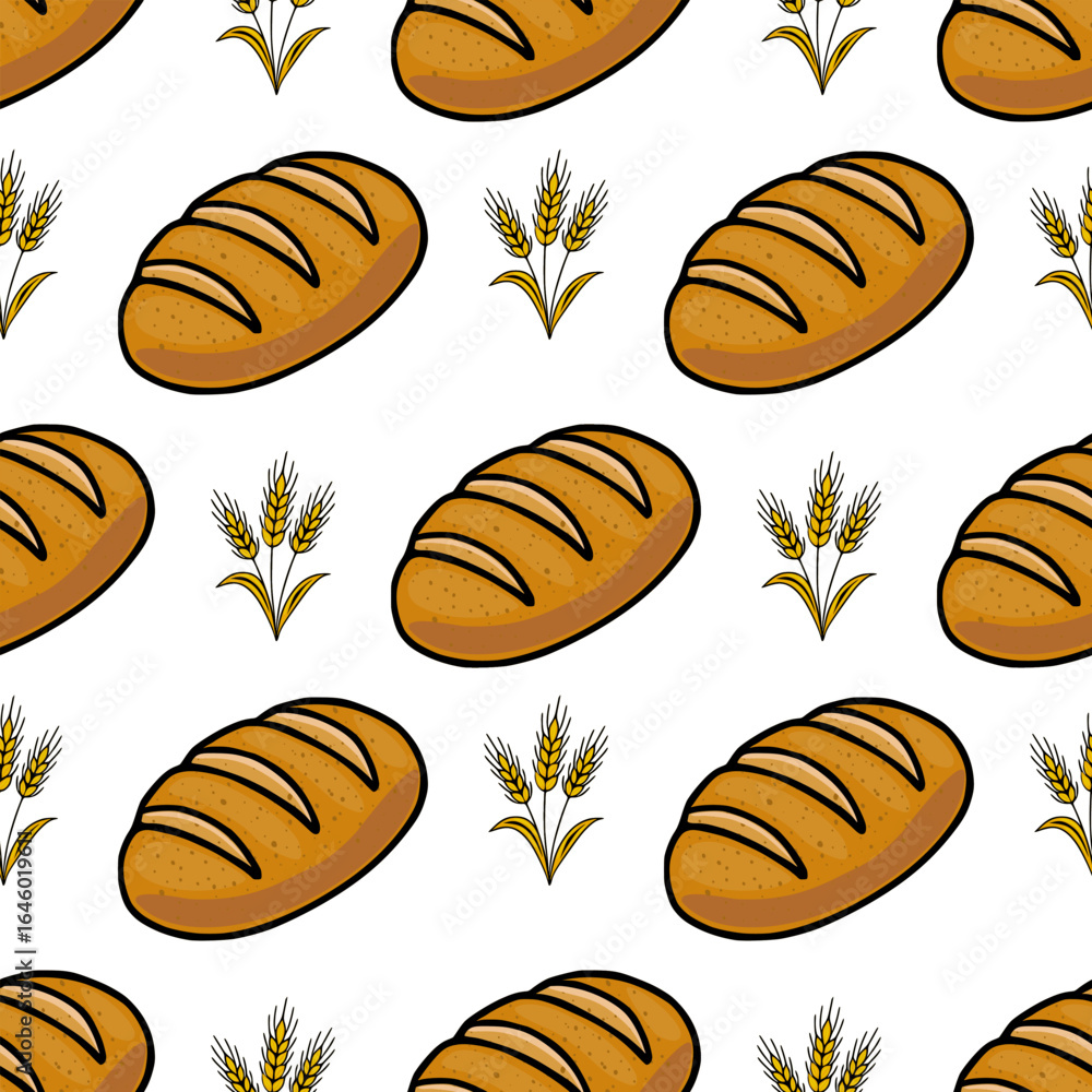 Aufkleber seamless vector pattern of rustic brown bread loaves and golden wheat stalks, creating a charming an