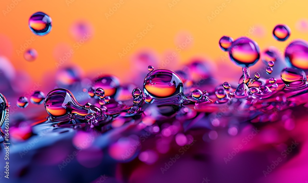 Poster vibrant close-up of colorful water droplets reflecting light, creating a mesmerizing abstract image 