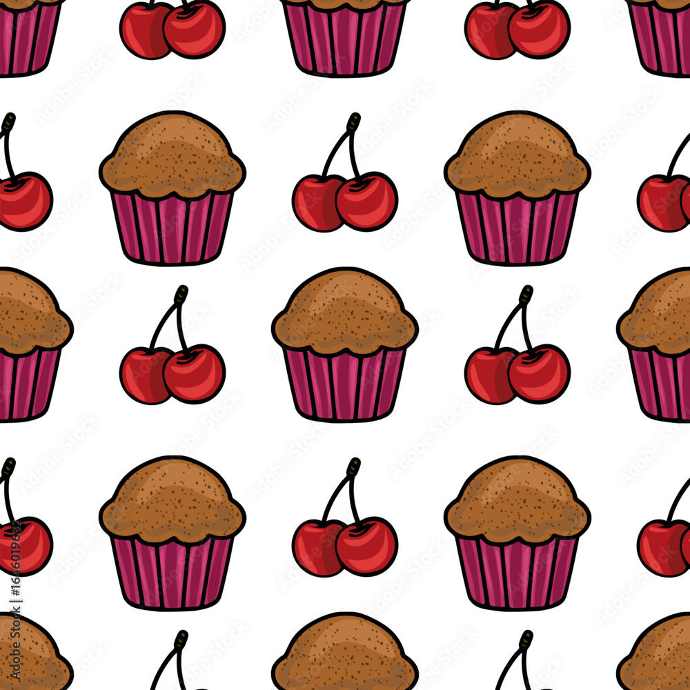 Poster seamless vector pattern featuring hand-drawn chocolate muffins and pairs of cherries, creating a cha