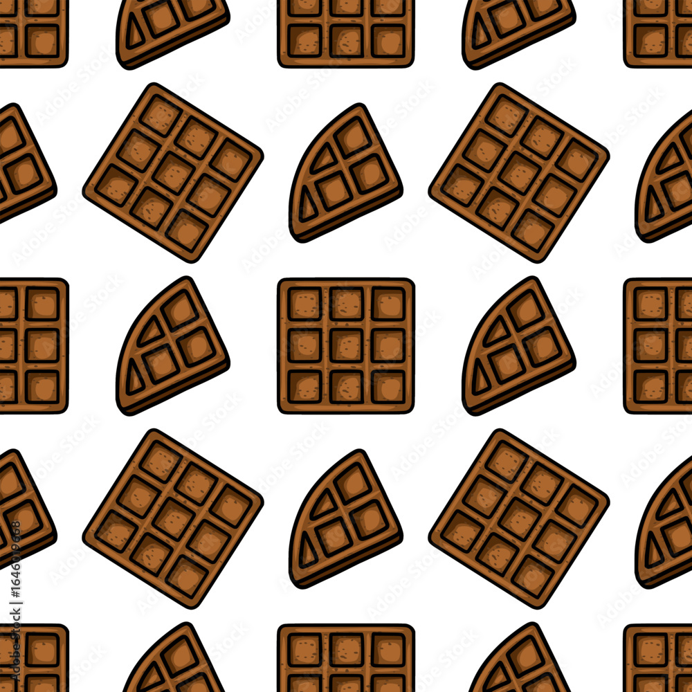 Poster seamless vector pattern of brown waffles, featuring whole squares and quarter slices, creating a del