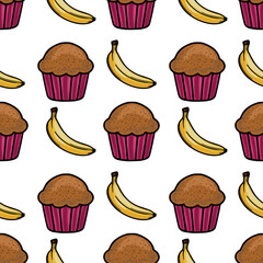 Seamless vector pattern featuring hand-drawn illustrations of chocolate muffins and ripe bananas, creating a playful and appetizing design ideal for bakery branding or food-related projects.