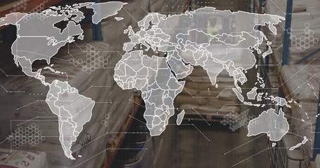 Camera panning initiating world map overlay expanding nodes worker pushing pallet jack logistics - Powered by Adobe