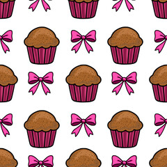 Seamless vector pattern featuring charming chocolate muffins and pink bows, creating a delightful and sweet confectionery design perfect for packaging or bakery branding.