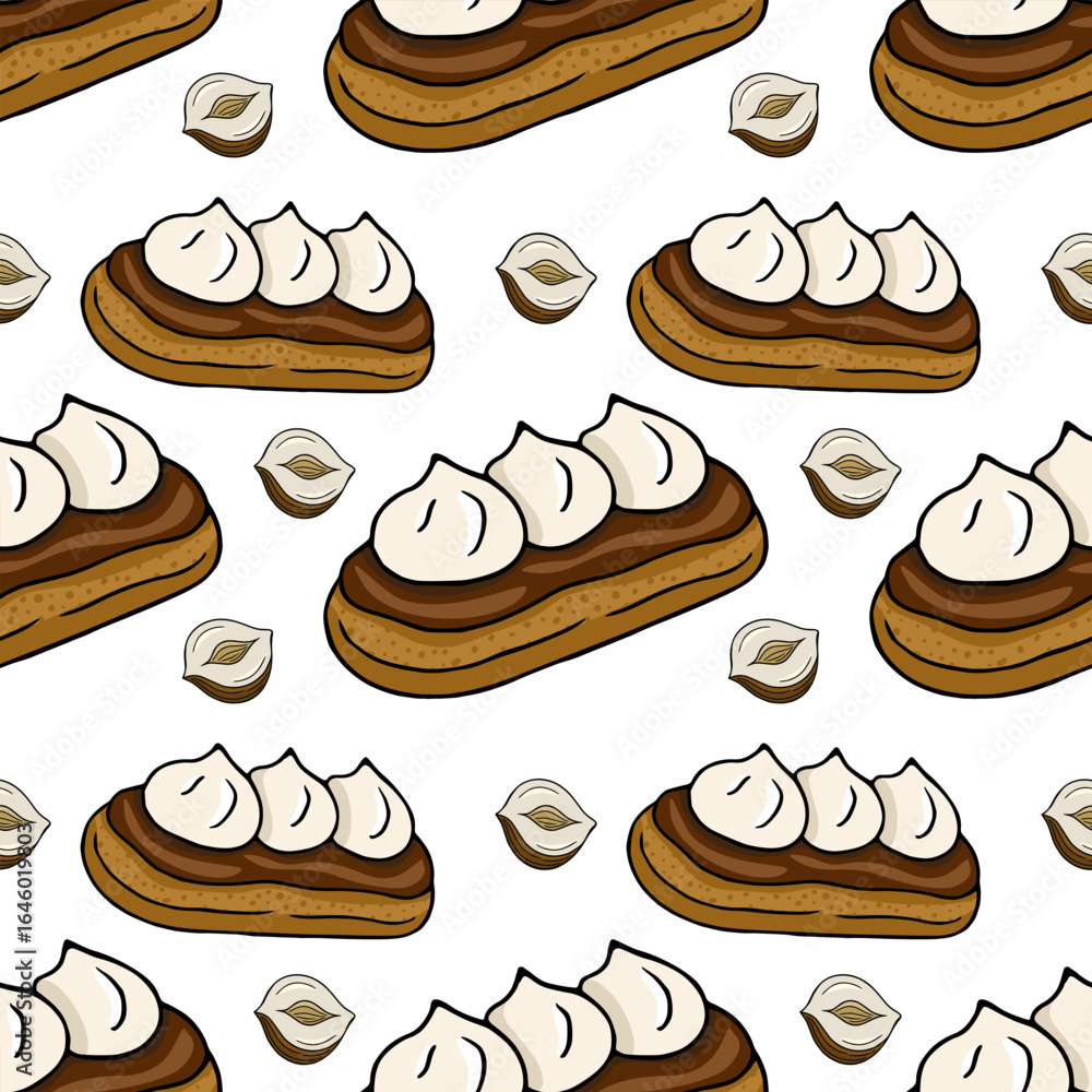 Poster seamless vector pattern of delicious chocolate eclairs with hazelnut cream and whole hazelnuts on a 