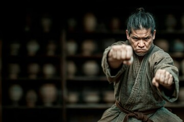 A determined japanese man in traditional clothing practices martial arts with intense focus and aggressive power