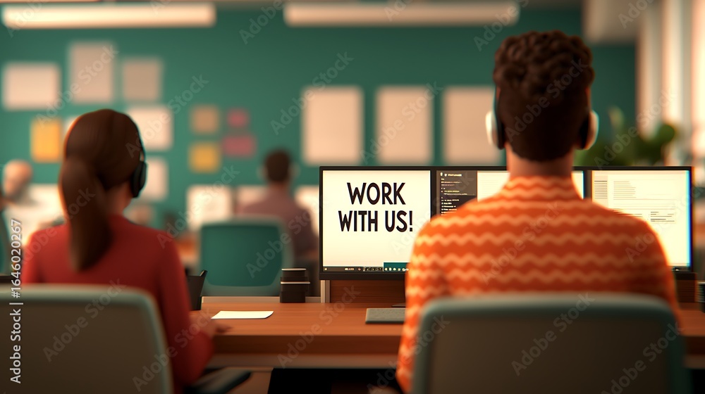 Poster a modern office scene featuring two individuals working at desks with computers, promoting collabora