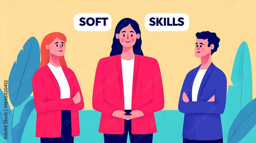 Poster three individuals discuss soft skills, highlighted by text above them. the scene is bright and color