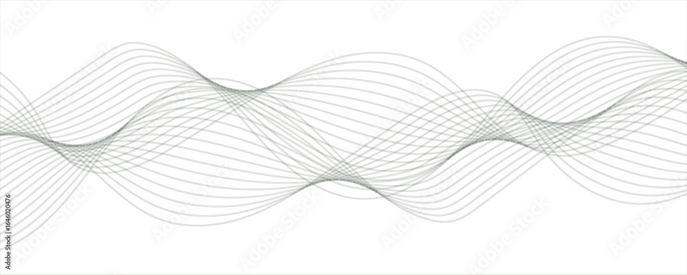 Poster abstract wave design with a series of flowing, overlapping sinusoidal curves in a gradient. frequenc