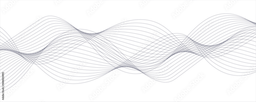 Poster abstract digital composition with smooth, flowing waveforms made of fine, parallel black lines.strip