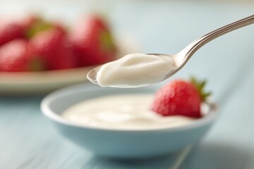A spoonful of creamy yogurt with fresh strawberries in a bowl, creating a light and healthy snack on a blue table