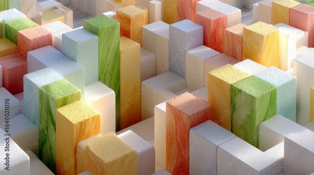 Poster abstract geometric composition of colorful pastel blocks and cubes with soft light and shadow, creat