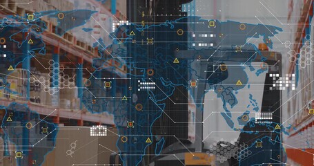 After static depot shot world map fading in over forklift nodes pulsing for supply chain monitoring - Powered by Adobe