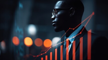 A focused professional analyzes financial growth data, standing before a digital graph with rising bar and line charts in a dark, modern office setting