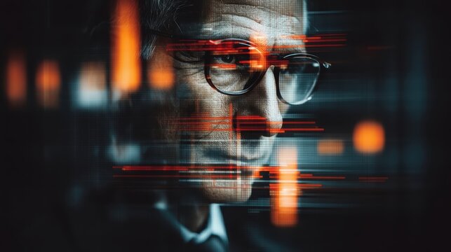 An older man with glasses appears thoughtful, overlaid with digital data graphics and glowing lines, suggesting technology and analysis - Powered by Adobe