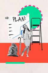 Image zine pop art trend collage of happy businesswoman businessman stand ladder dollar bag capital income sticker plan fulfill
