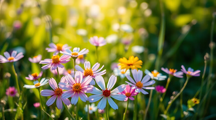 Yellow and white spring flowers blossom in a lush green meadow, creating a beautiful field of daisies