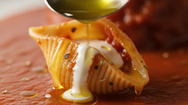 Delicious Stuffed Pasta Shells with Creamy Filling and Olive Oil Drizzle Close-up