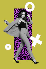 Graphics surreal collage of person walk on color yellow background with geometry figure