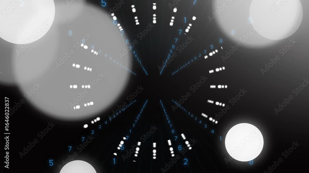 Poster forming radial graphic pulsing bars rotating digits while bokeh circles drift showing data flow