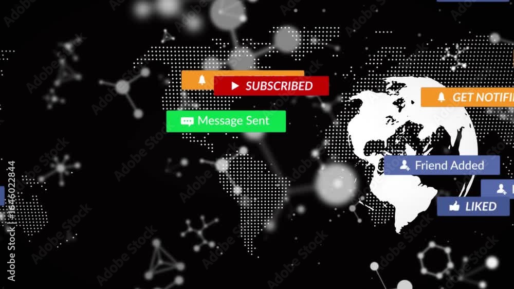 Poster Opening dotted map initiating globe rotating with social badges appearing fading showing network
