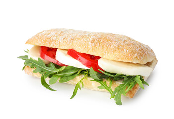 Delicious sandwich with mozzarella cheese, tomato and arugula isolated on white