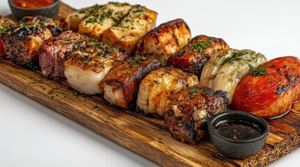 Delicious Grilled Meat Platter with Sauce and Fresh Herbs