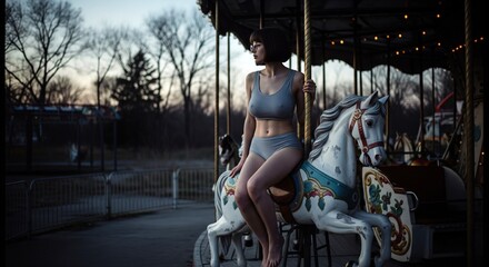 A young woman in a sports bra and shorts sits on a carousel horse and looks thoughtfully into the distance, embodying a sense of melancholy and solitude during an overcast day