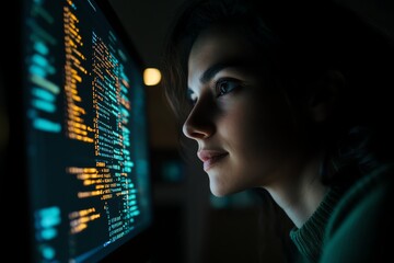 Obraz premium Focused woman working on computer screen, analyzing code with concentration in a dark environment.