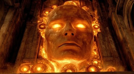 Mystical golden mechanical face with glowing eyes, surrounded by gears and set in ancient