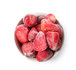 Ripe frozen strawberries in bowl isolated on white, top view