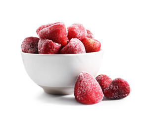 Ripe frozen strawberries and bowl isolated on white