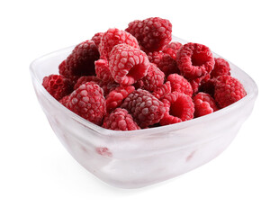 Ripe frozen raspberries in bowl isolated on white