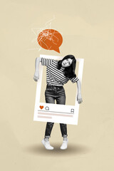 Trendy banner poster image photo collage of puzzled girl peek social media post receive like...