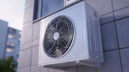 Fototapeta premium Exterior Air Conditioner Unit Mounted on Building Wall Silver Metal Fan isolated on a transparent background