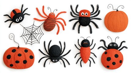Colorful decorative spiders and pumpkins arranged artistically, capturing a playful Halloween theme with a web element.