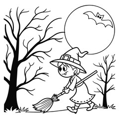 Witch Halloween Coloring Page black and white vector illustration