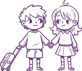 Two kids holding hands, one with a suitcase, travel illustration, childhood adventure, friends, journey, playful travel vector design