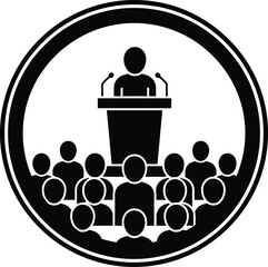 Public speaking illustration, speaker at podium, audience listening, conference, seminar, lecture, communication, professional presentation, vector design