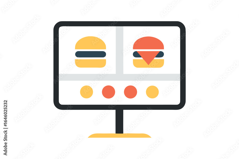 Poster Computer Screen Displaying Two Burgers And Navigation Dots On White Background monitor
