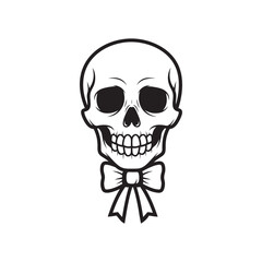 minimalist black and white skull illustration with detailed teeth and bow tie, clean vector outline on white background.