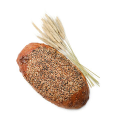 Loaf of fresh bread with seeds and spikes isolated on white, top view