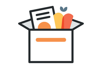 Open Box Filled With Colorful Abstract Shapes and Document vector illustration