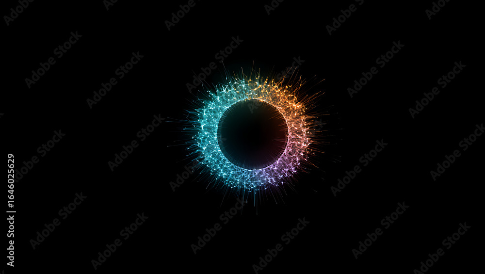 Poster a vibrant glowing circular portal of multicolored light particles emanates from a dark background cr