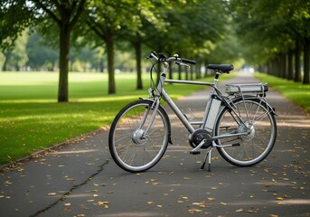 Fototapeta premium Modern Electric Bicycle Parked in Green Park Setting, Eco-Friendly Urban Transportation Concept